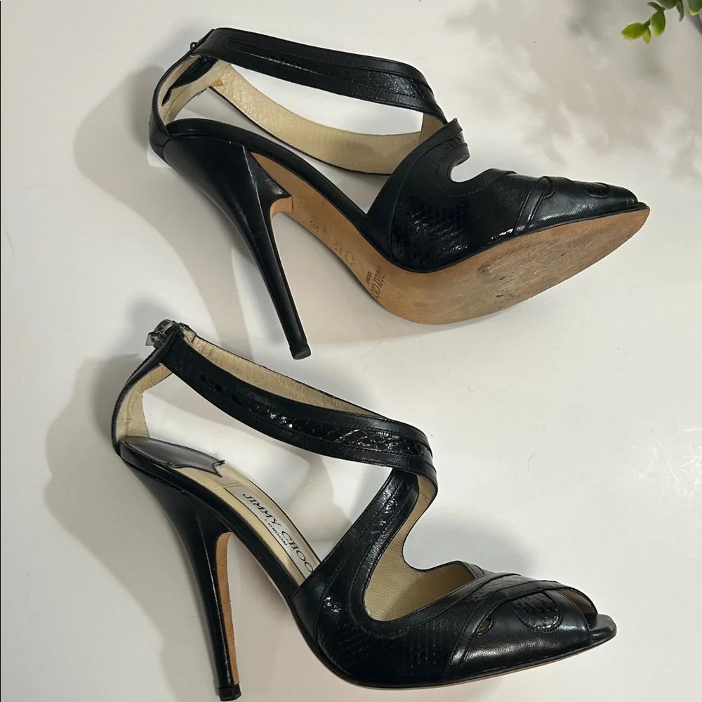 Jimmy Choo Black Patent Leather Strappy Peep-Toe Heels
